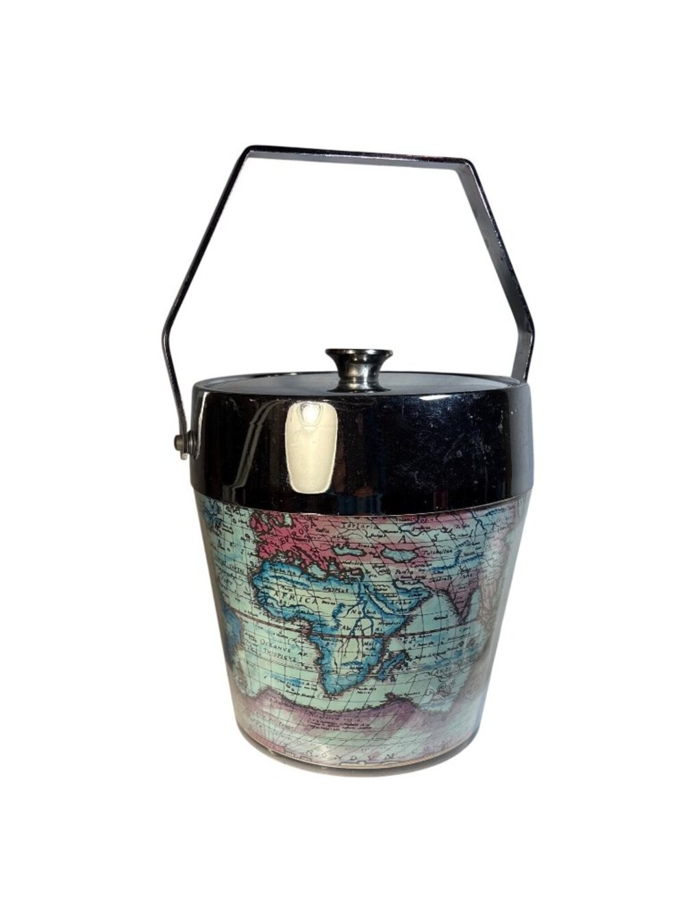 Old World Map Themed Ice Bucket With Lid & Handle Barware 8.75" Tall Vintage